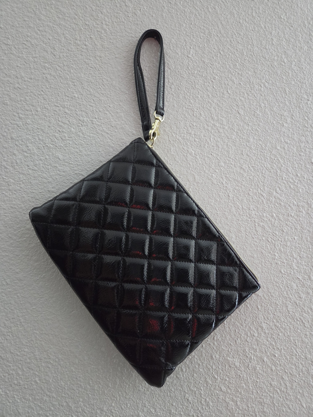 Betsey Johnson Black Quilted Patent Wristlet with Gold Accent